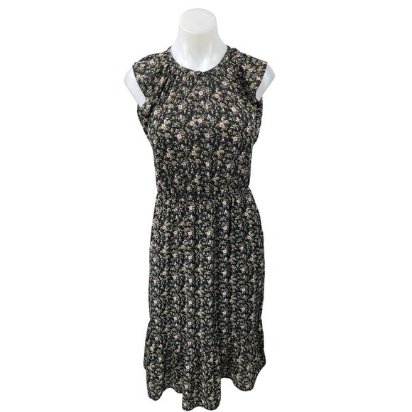 J.Crew Women's Black Floral Sleeveless Ruffle Peasant Blouson Midi Dress Size XS - Picture 3 of 7